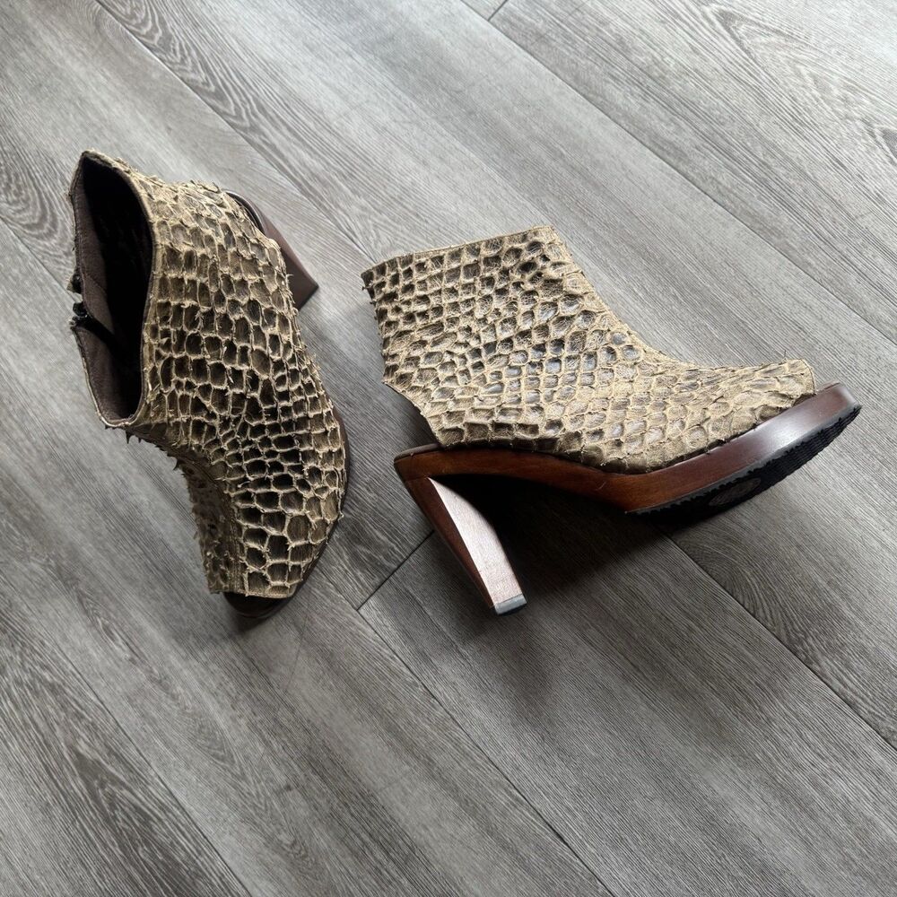 Salpy Artisan Snakeskin Leather Hand Made Wood Heel Open Toe Boots Sz 7 Brown - Picture 10 of 16